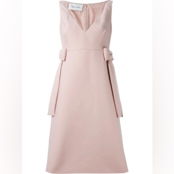 Valentino Light Blush Pink V neck Bow tie waist Virgin wool A line mini dress 4 - Picture 3 of 10